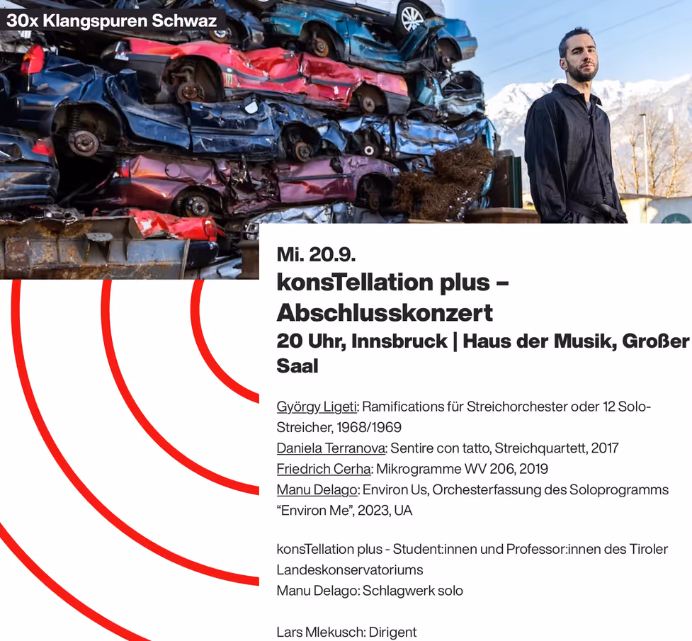 Flyer: Mi. 20.9. konsTellation plus — Abschlusskonzert, 20 Uhr, Innsbruck | Haus der Musik, Großer Saal. Programme includes György Ligeti, Daniela Terranova, Friedrich Cerha, Manu Delago